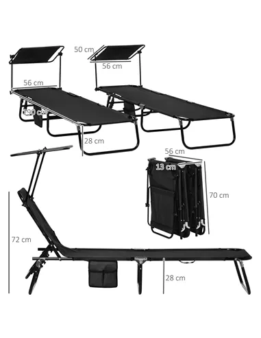 Outsunny Set of Two Folding Sun Loungers, with Adjustable Backs and Sun Canopies - Black