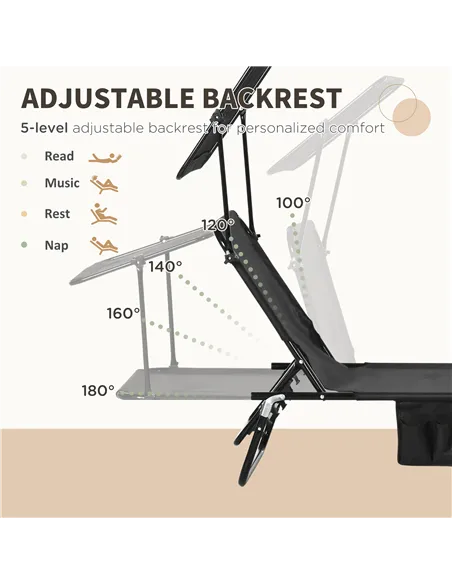 Outsunny Set of Two Folding Sun Loungers, with Adjustable Backs and Sun Canopies - Black