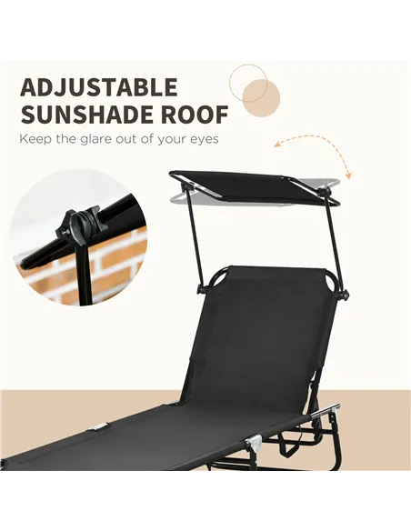 Outsunny Set of Two Folding Sun Loungers, with Adjustable Backs and Sun Canopies - Black