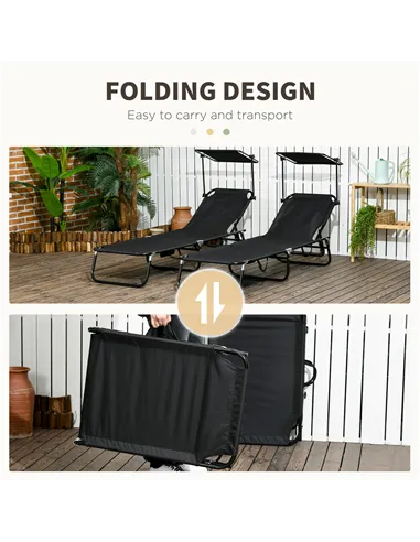 Outsunny Set of Two Folding Sun Loungers, with Adjustable Backs and Sun Canopies - Black