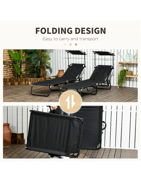 Outsunny Set of Two Folding Sun Loungers, with Adjustable Backs and Sun Canopies - Black