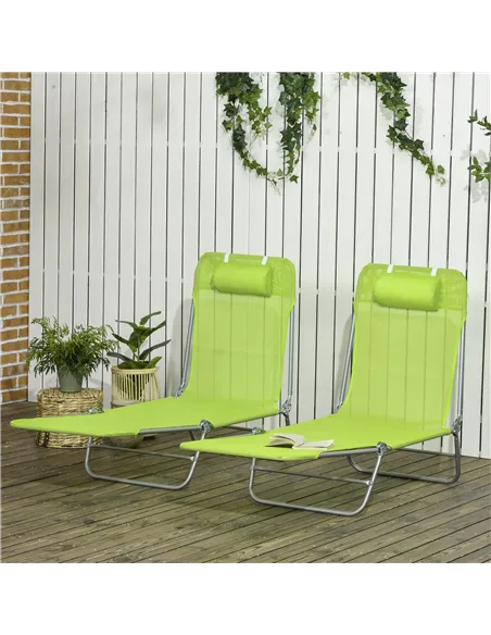 Outsunny Set of Two Steel Frame Sun Loungers, with Reclining Backs - Green