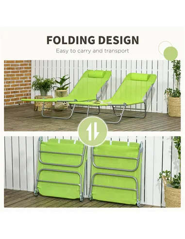 Outsunny Set of Two Steel Frame Sun Loungers, with Reclining Backs - Green