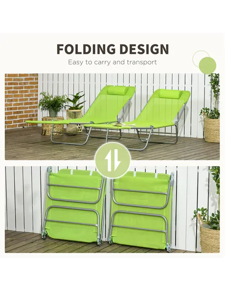 Outsunny Set of Two Steel Frame Sun Loungers, with Reclining Backs - Green
