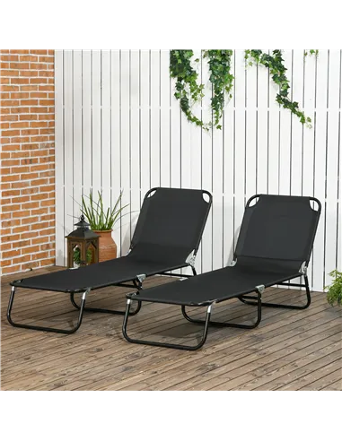 Outsunny Set of Two Metal Frame Folding Sun Loungers - Black