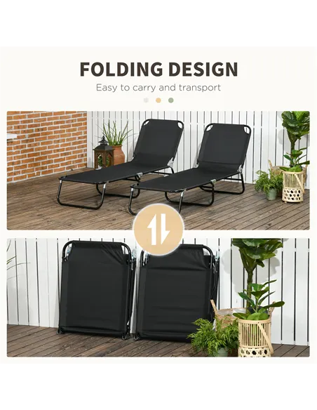 Outsunny Set of Two Metal Frame Folding Sun Loungers - Black