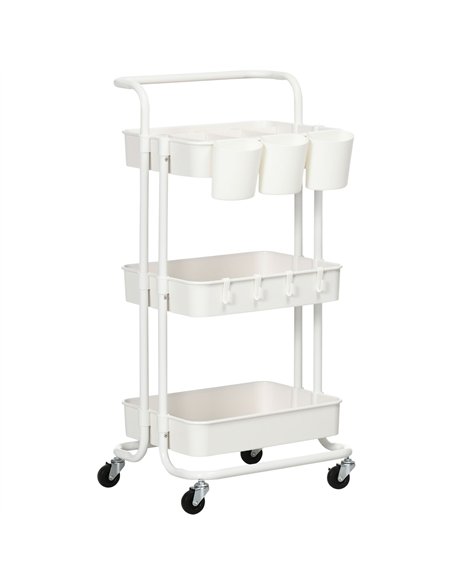 HOMCOM Three-Tier Home Trolley, with Handle and Wheels - White