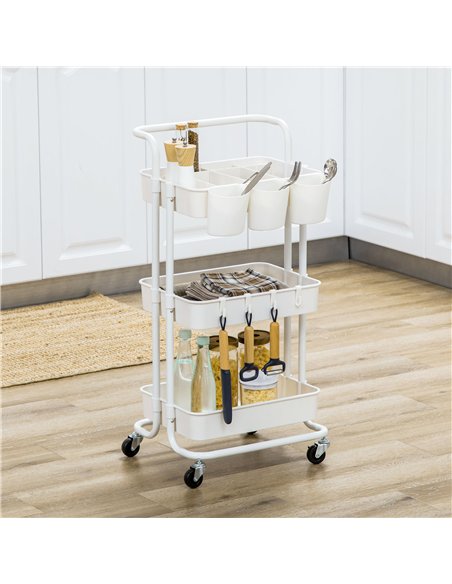 HOMCOM Three-Tier Home Trolley, with Handle and Wheels - White