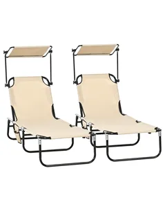 Outsunny 2 Piece Folding Sun Loungers with Canopy, Adjustable Recliner Garden Chairs with Side Pocket, Steel Frame and Breathabl