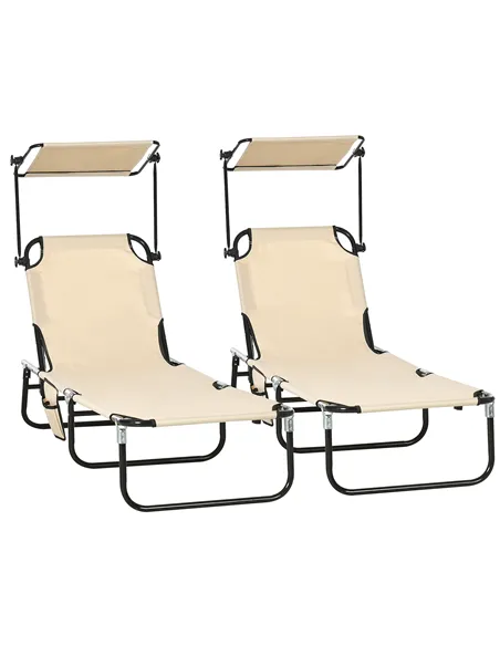 Outsunny 2 Piece Folding Sun Loungers with Canopy, Adjustable Recliner Garden Chairs with Side Pocket, Steel Frame and Breathabl