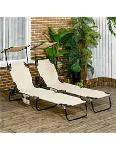 Outsunny 2 Piece Folding Sun Loungers with Canopy, Adjustable Recliner Garden Chairs with Side Pocket, Steel Frame and Breathabl 2