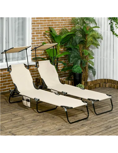Outsunny 2 Piece Folding Sun Loungers with Canopy, Adjustable Recliner Garden Chairs with Side Pocket, Steel Frame and Breathabl