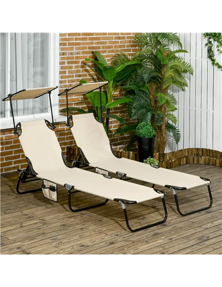 Outsunny 2 Piece Folding Sun Loungers with Canopy, Adjustable Recliner Garden Chairs with Side Pocket, Steel Frame and Breathabl