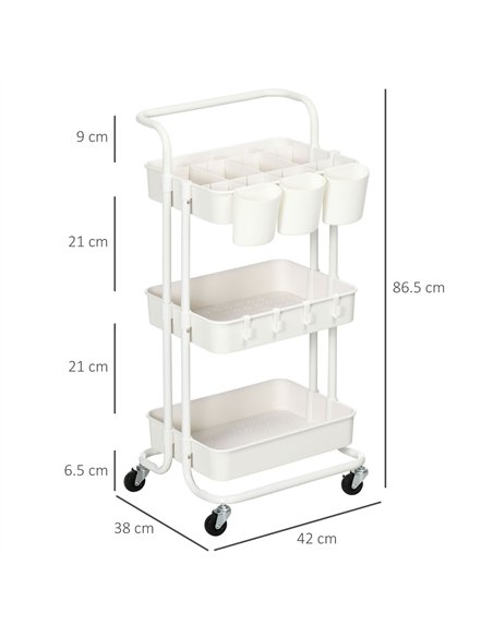 HOMCOM Three-Tier Home Trolley, with Handle and Wheels - White