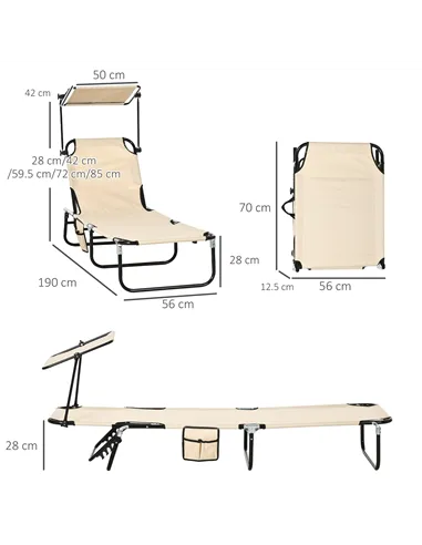 Outsunny 2 Piece Folding Sun Loungers with Canopy, Adjustable Recliner Garden Chairs with Side Pocket, Steel Frame and Breathabl
