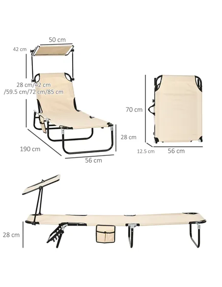 Outsunny 2 Piece Folding Sun Loungers with Canopy, Adjustable Recliner Garden Chairs with Side Pocket, Steel Frame and Breathabl