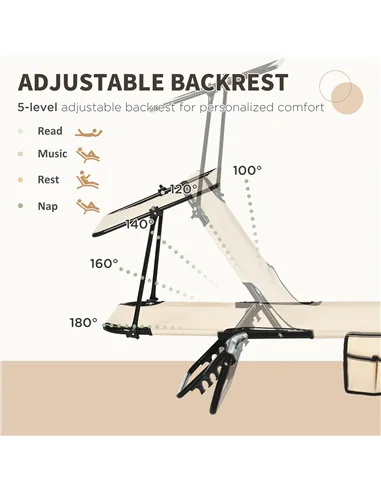 Outsunny 2 Piece Folding Sun Loungers with Canopy, Adjustable Recliner Garden Chairs with Side Pocket, Steel Frame and Breathabl