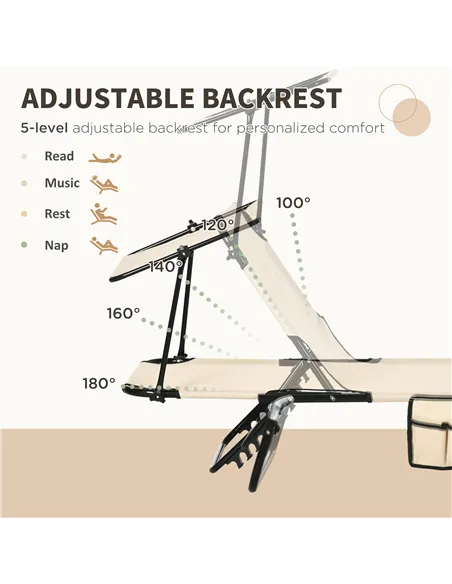 Outsunny 2 Piece Folding Sun Loungers with Canopy, Adjustable Recliner Garden Chairs with Side Pocket, Steel Frame and Breathabl