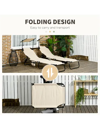 Outsunny 2 Piece Folding Sun Loungers with Canopy, Adjustable Recliner Garden Chairs with Side Pocket, Steel Frame and Breathabl