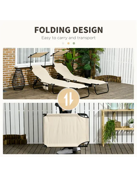 Outsunny 2 Piece Folding Sun Loungers with Canopy, Adjustable Recliner Garden Chairs with Side Pocket, Steel Frame and Breathabl