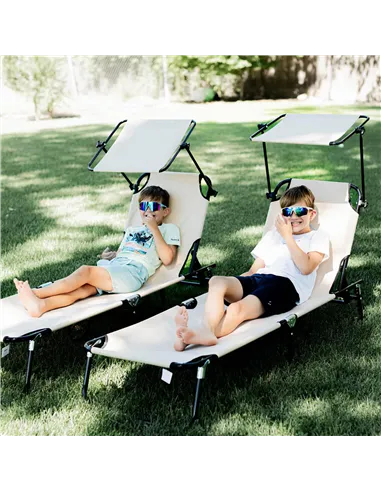 Outsunny 2 Piece Folding Sun Loungers with Canopy, Adjustable Recliner Garden Chairs with Side Pocket, Steel Frame and Breathabl