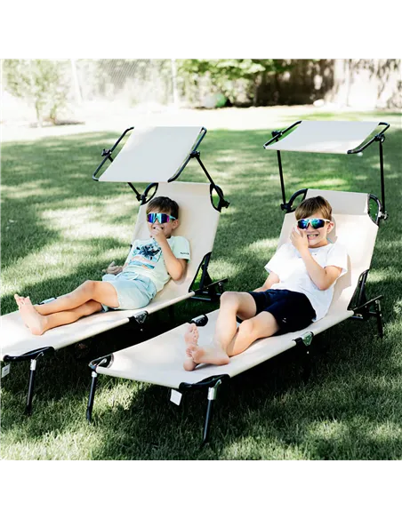 Outsunny 2 Piece Folding Sun Loungers with Canopy, Adjustable Recliner Garden Chairs with Side Pocket, Steel Frame and Breathabl