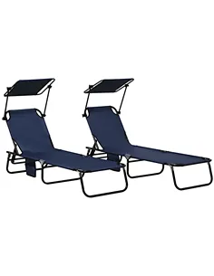 Outsunny Set of Two Folding Sun Loungers, with Adjustable Backs and Sun Canopies - Dark Blue