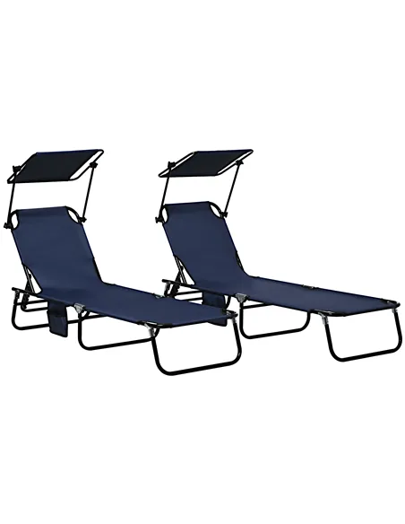 Outsunny Set of Two Folding Sun Loungers, with Adjustable Backs and Sun Canopies - Dark Blue