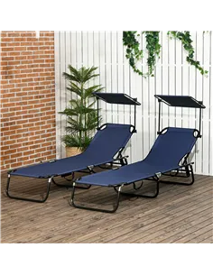 Outsunny Set of Two Folding Sun Loungers, with Adjustable Backs and Sun Canopies - Dark Blue 2