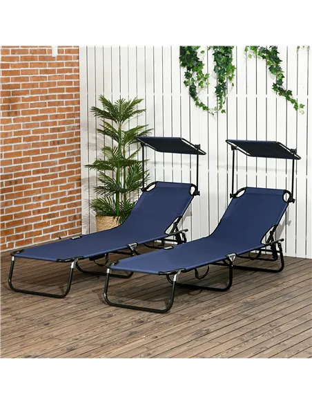Outsunny Set of Two Folding Sun Loungers, with Adjustable Backs and Sun Canopies - Dark Blue