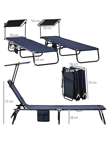 Outsunny Set of Two Folding Sun Loungers, with Adjustable Backs and Sun Canopies - Dark Blue