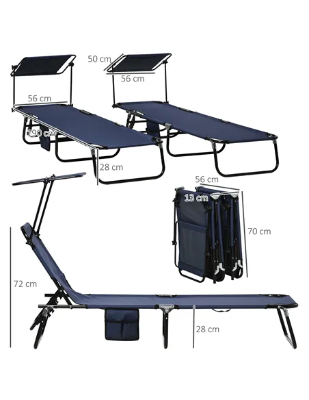 Outsunny Set of Two Folding Sun Loungers, with Adjustable Backs and Sun Canopies - Dark Blue