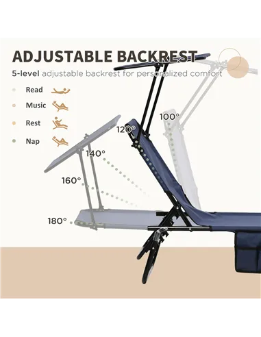 Outsunny Set of Two Folding Sun Loungers, with Adjustable Backs and Sun Canopies - Dark Blue