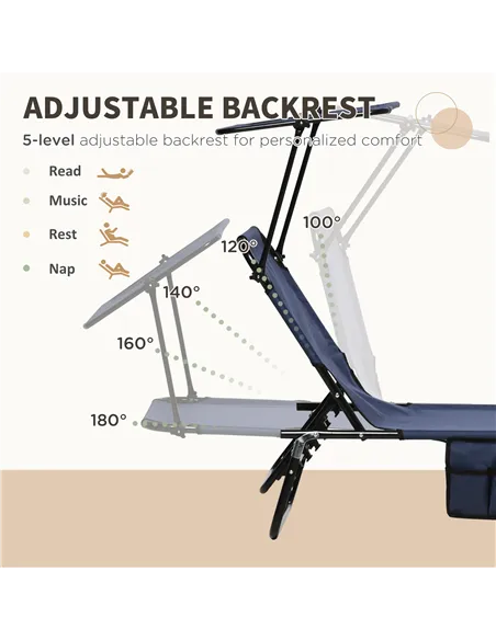 Outsunny Set of Two Folding Sun Loungers, with Adjustable Backs and Sun Canopies - Dark Blue