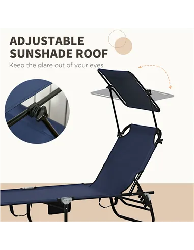 Outsunny Set of Two Folding Sun Loungers, with Adjustable Backs and Sun Canopies - Dark Blue