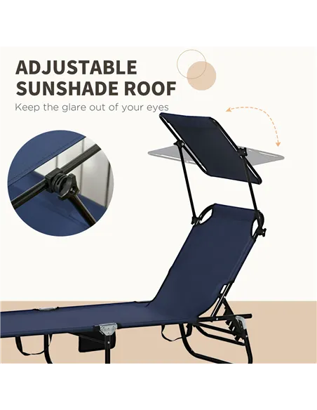 Outsunny Set of Two Folding Sun Loungers, with Adjustable Backs and Sun Canopies - Dark Blue