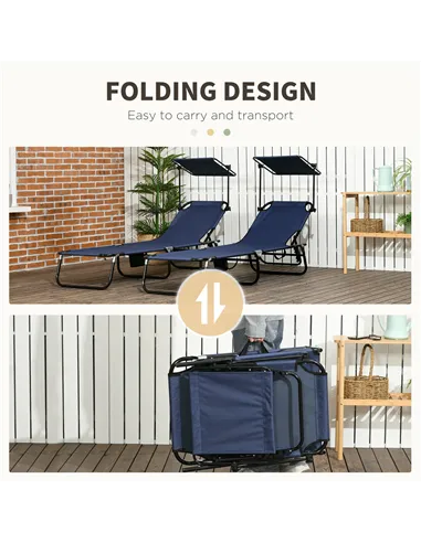 Outsunny Set of Two Folding Sun Loungers, with Adjustable Backs and Sun Canopies - Dark Blue