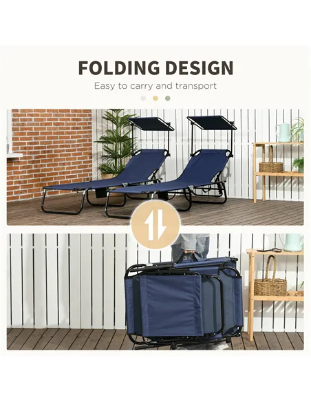Outsunny Set of Two Folding Sun Loungers, with Adjustable Backs and Sun Canopies - Dark Blue
