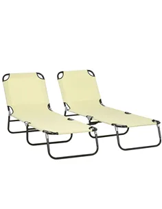 Outsunny Set of Two Metal Frame Folding Sun Loungers - Beige