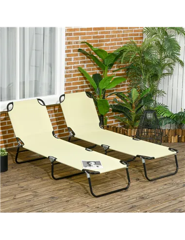 Outsunny Set of Two Metal Frame Folding Sun Loungers - Beige