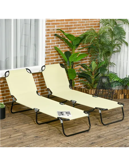 Outsunny Set of Two Metal Frame Folding Sun Loungers - Beige