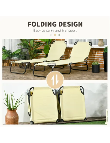 Outsunny Set of Two Metal Frame Folding Sun Loungers - Beige