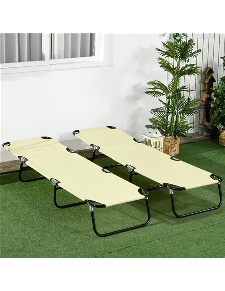 Outsunny Set of Two Metal Frame Folding Sun Loungers - Beige
