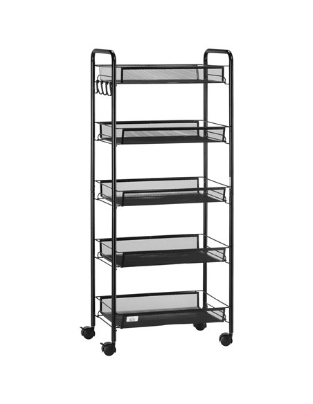 HOMCOM Five-Steel Mesh Basket Storage Trolley, with Wheels - Black