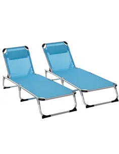 Outsunny Foldable Outdoor Sun Loungers Set of 2, Reclining Lounge Chair Camping Bed Cot with Pillow 4-Level Adjustable Back Alum