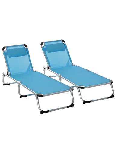 Outsunny Foldable Outdoor Sun Loungers Set of 2, Reclining Lounge Chair Camping Bed Cot with Pillow 4-Level Adjustable Back Alum