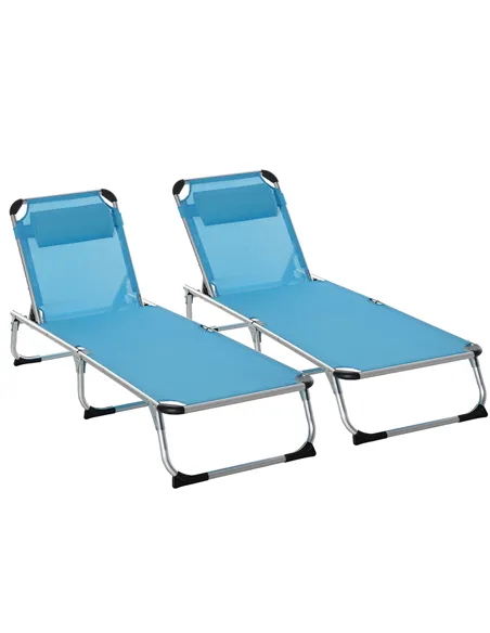 Outsunny Foldable Outdoor Sun Loungers Set of 2, Reclining Lounge Chair Camping Bed Cot with Pillow 4-Level Adjustable Back Alum