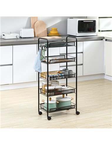 HOMCOM Five-Steel Mesh Basket Storage Trolley, with Wheels - Black