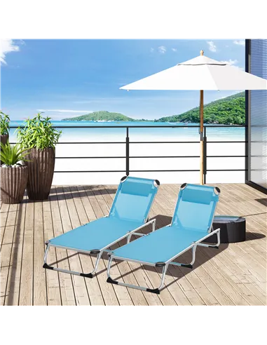Outsunny Foldable Outdoor Sun Loungers Set of 2, Reclining Lounge Chair Camping Bed Cot with Pillow 4-Level Adjustable Back Alum