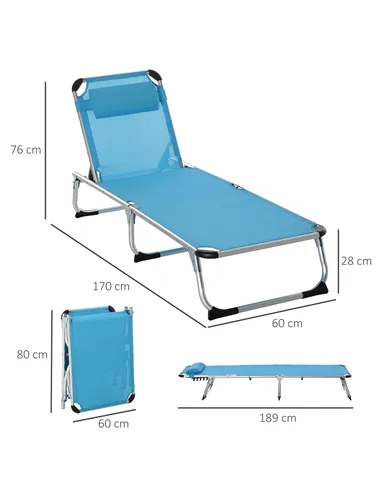 Outsunny Foldable Outdoor Sun Loungers Set of 2, Reclining Lounge Chair Camping Bed Cot with Pillow 4-Level Adjustable Back Alum